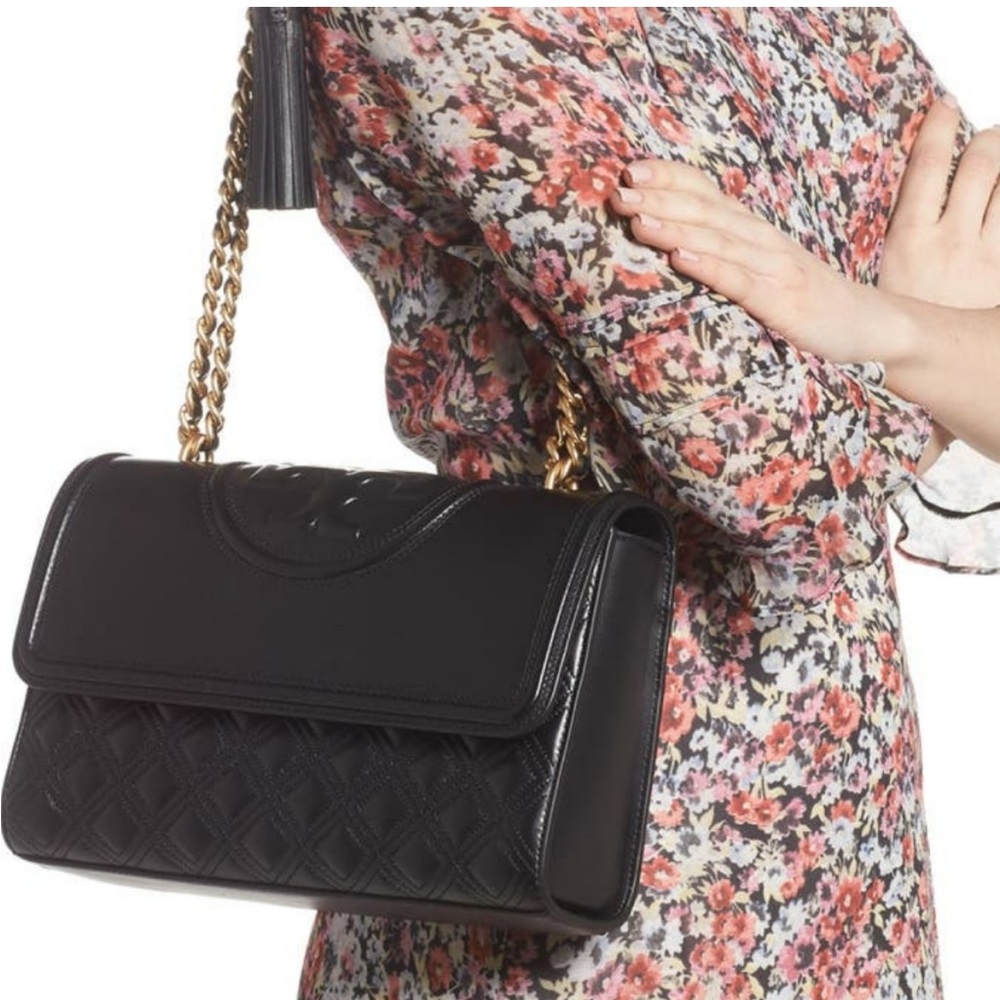 Tory Burch Fleming Convertible Crossbody shoulder Bag black leather chain